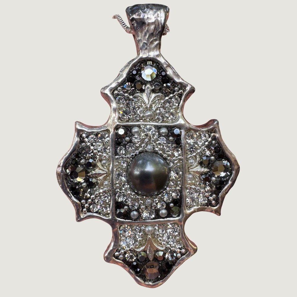Orit Schatzman Crystal Rhinestone Sterling Silver Electroform Cross Pendant